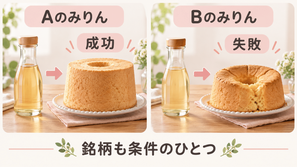 同じレシピでも、みりんの銘柄によって米粉シフォンの焼き上がりが変わることを示した比較図