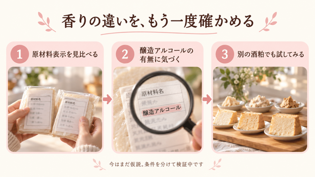 原材料表示を見比べ、醸造アルコールの有無に気づき、別の酒粕で確かめる試作の流れ