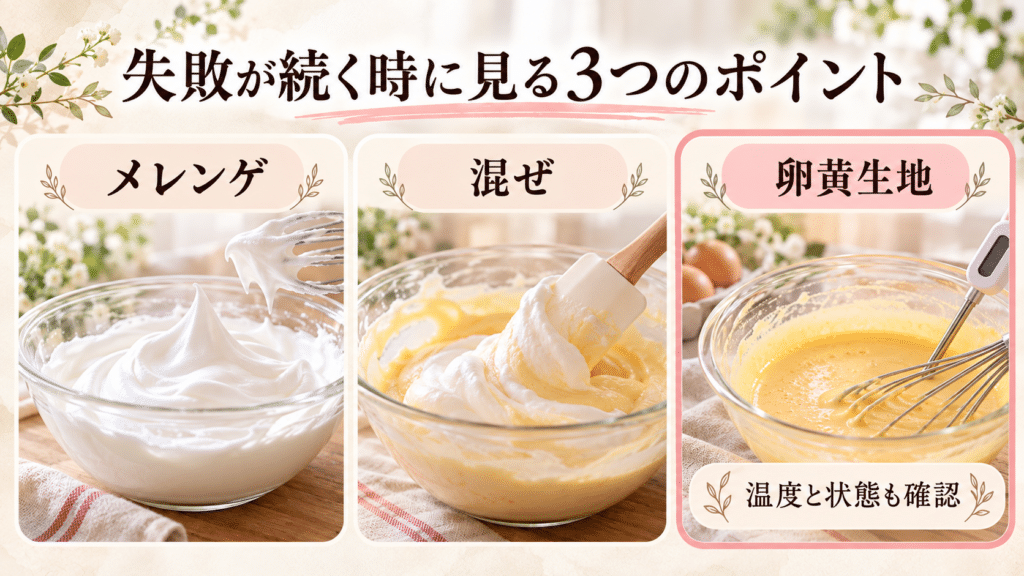 シフォンケーキ作りではメレンゲと混ぜだけでなく、卵黄生地の温度と状態も確認することを示す図