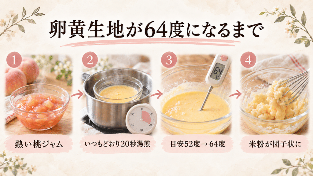 熱い桃ジャムを入れた卵黄生地へ通常どおり20秒湯煎をかけ、52度の目安を超えて64度になった流れ
