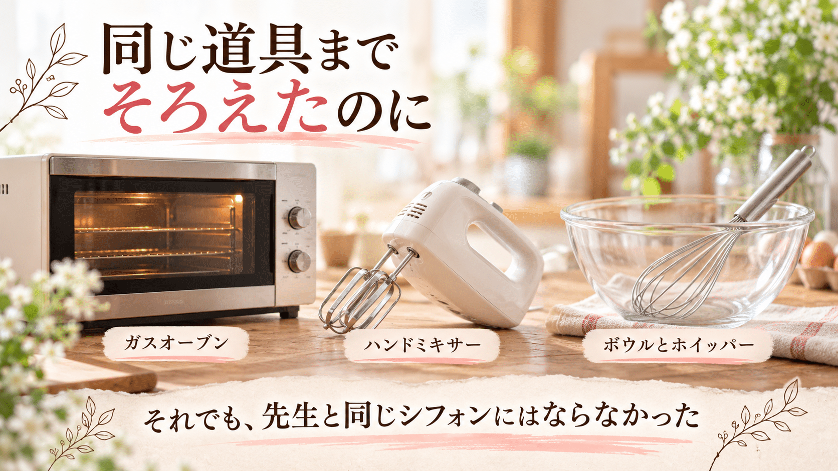 先生と同じガスオーブン、ハンドミキサー、ボウルやホイッパーをそろえても同じシフォンにはならなかった体験