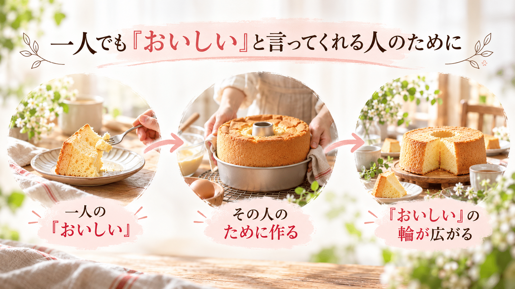 一人のおいしいを受け取り、その人のために作ることから、おいしいの輪が少しずつ広がる様子
