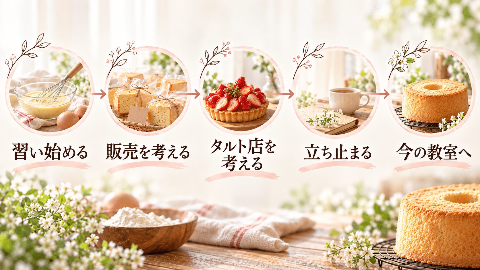 シフォンケーキを習い始めてから販売を考え、タルト店の直前で立ち止まり、今の教室へつながった流れ