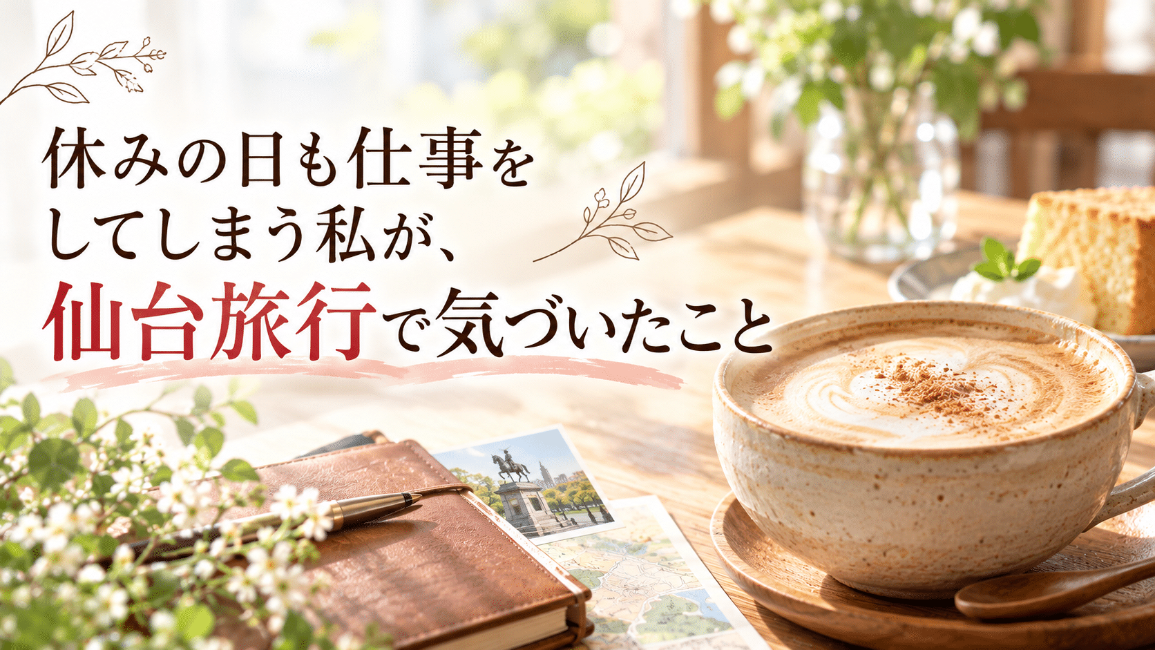 大きなカフェオレと旅のノートを背景にした「休みの日も仕事をしてしまう私が、仙台旅行で気づいたこと」のアイキャッチ