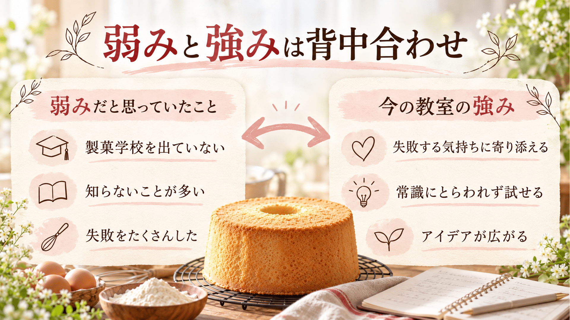 製菓学校を出ていないことや失敗の多さが、寄り添う力や発想力につながったことを示す図