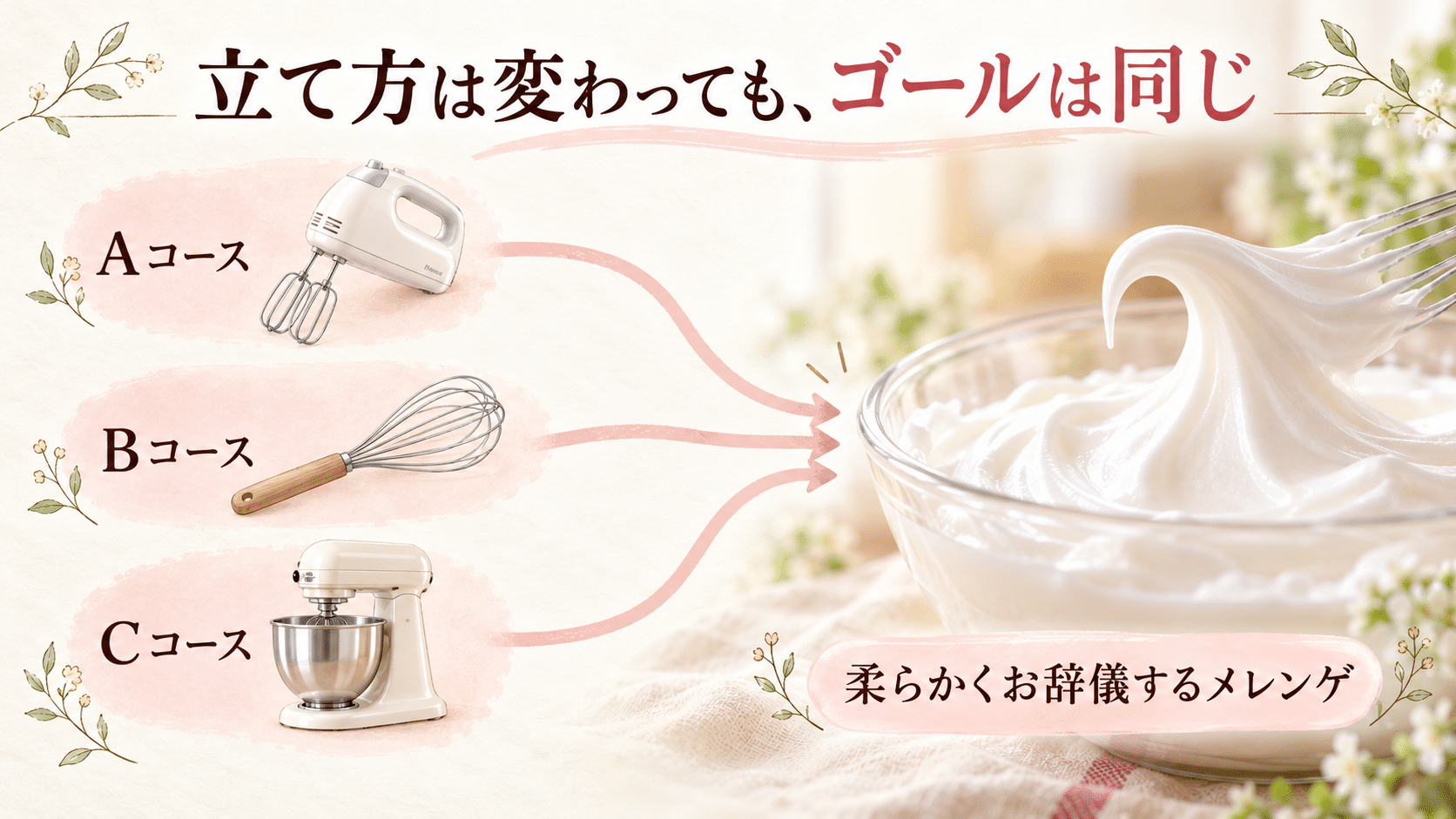 立て方は変わっても柔らかくお辞儀するメレンゲを目指すことを示した図
