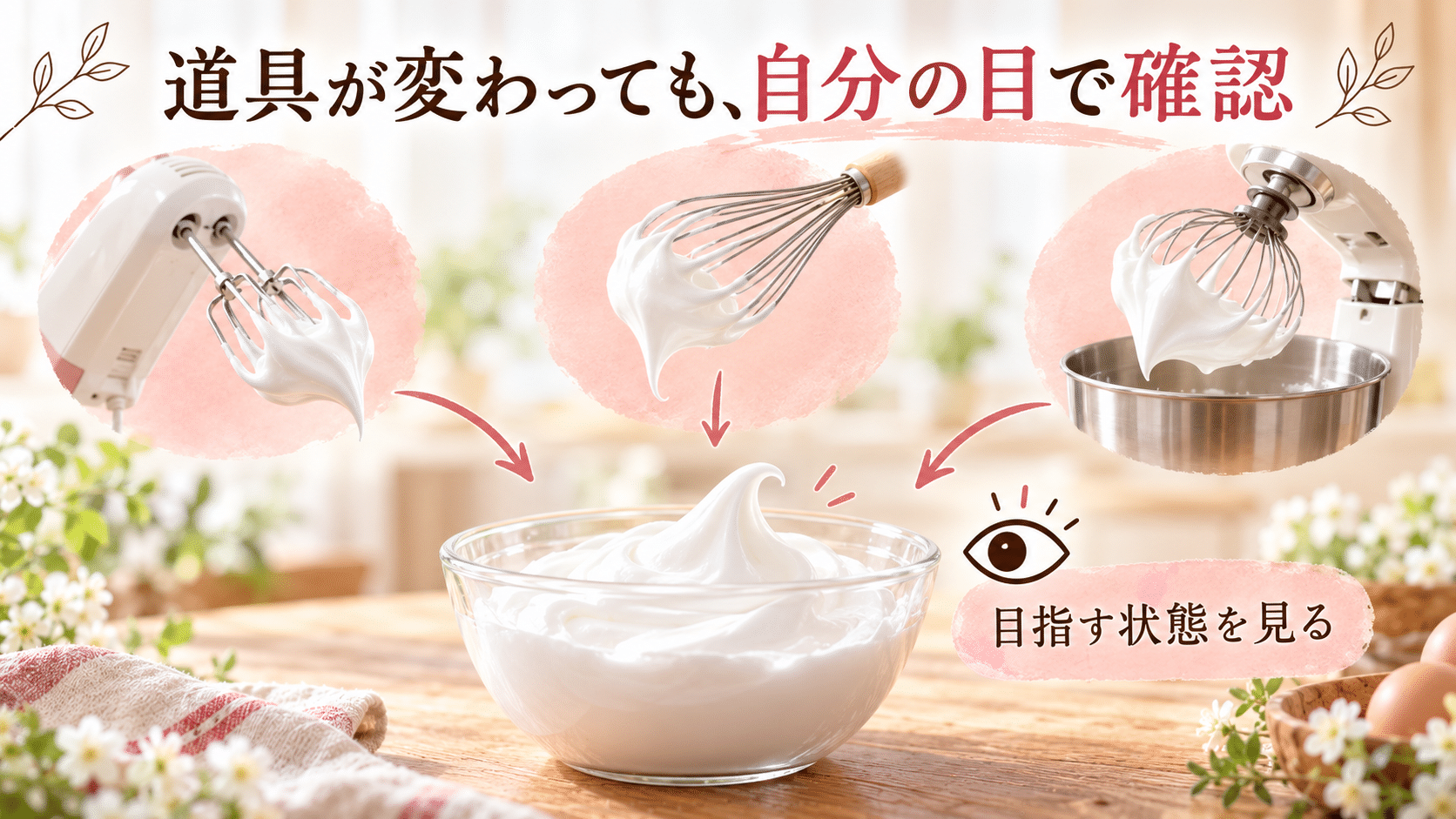 ハンドミキサーでもスタンドミキサーでも自分の目でメレンゲを確認することを示した図
