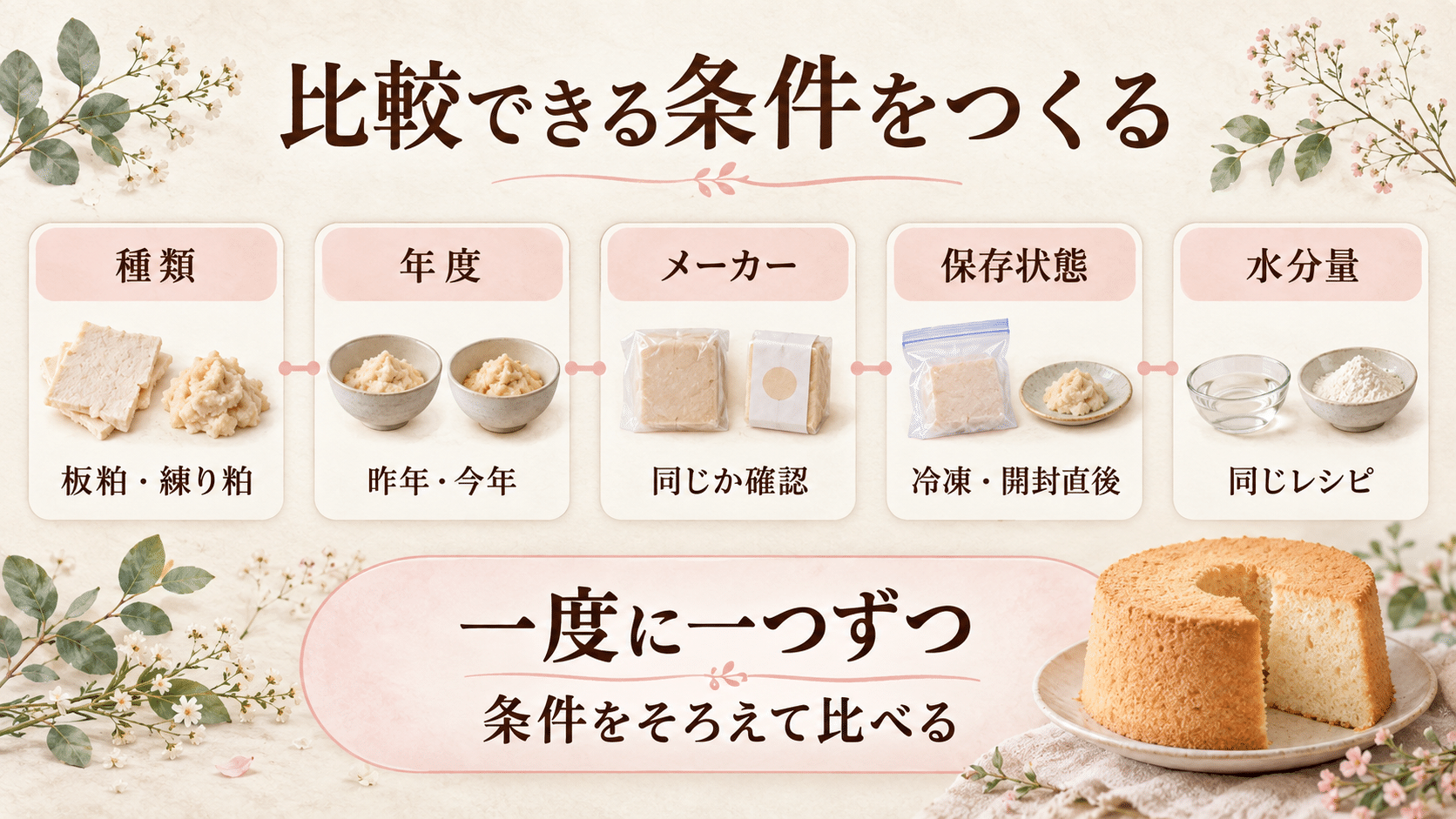 酒粕の種類、年度、メーカー、保存状態、水分量の条件を一つずつそろえて比較する流れ