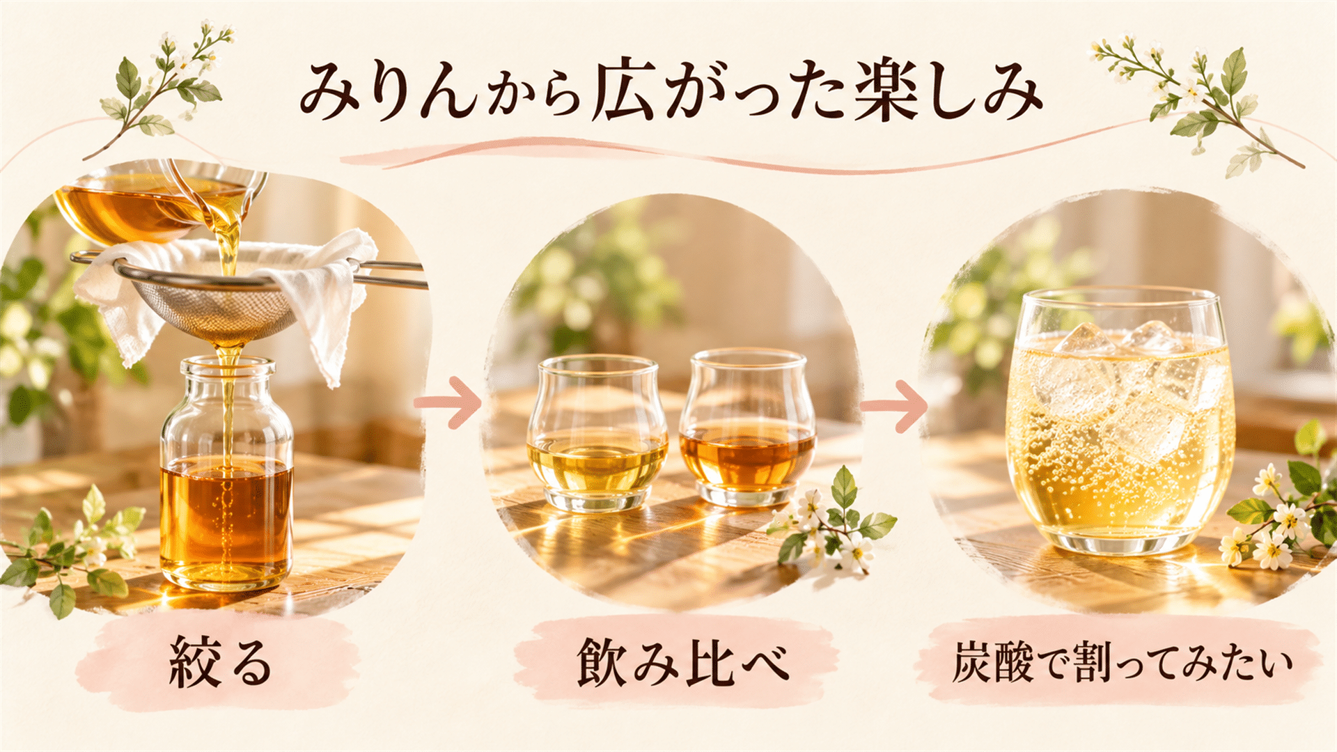 手作りみりんを絞った体験から、飲み比べと炭酸割りへ楽しみが広がった流れ