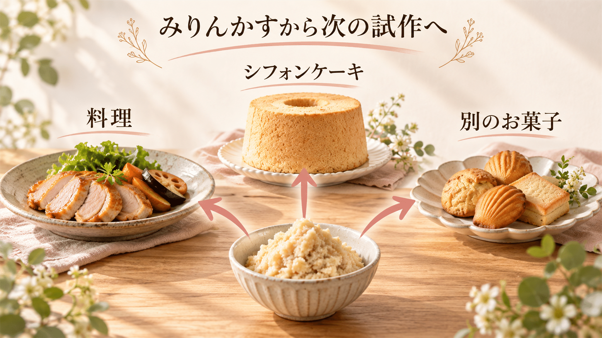 みりんかすから、料理、シフォンケーキ、別のお菓子へ試したいことが広がる様子