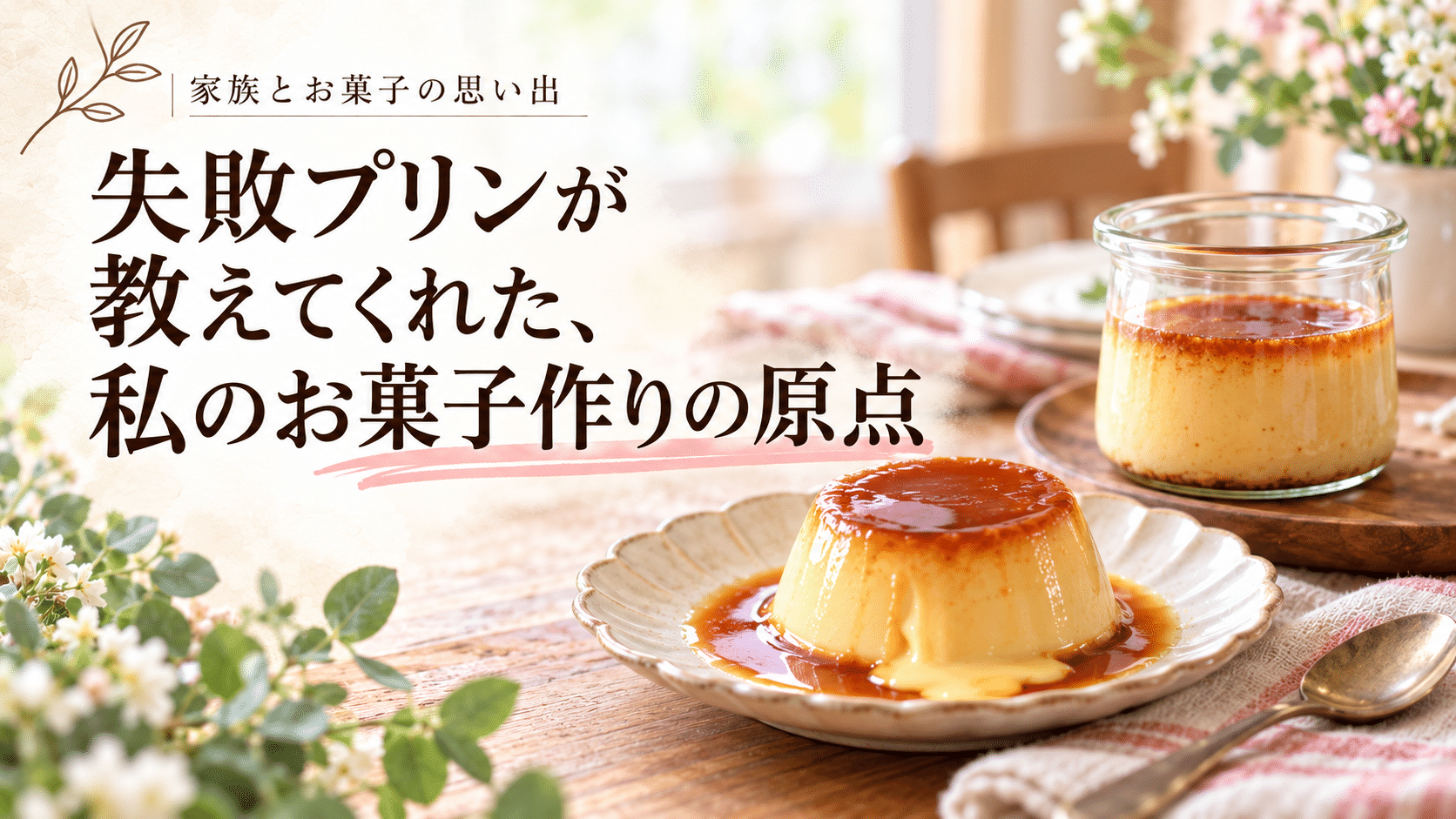 昔ながらのプリンと「失敗プリンが教えてくれた、私のお菓子作りの原点」のタイトルを配置した記事アイキャッチ